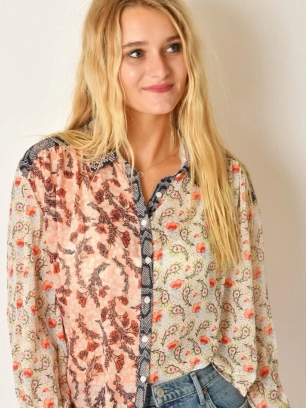 Free People Split-Print Button Front Blouse in Cream and Coral